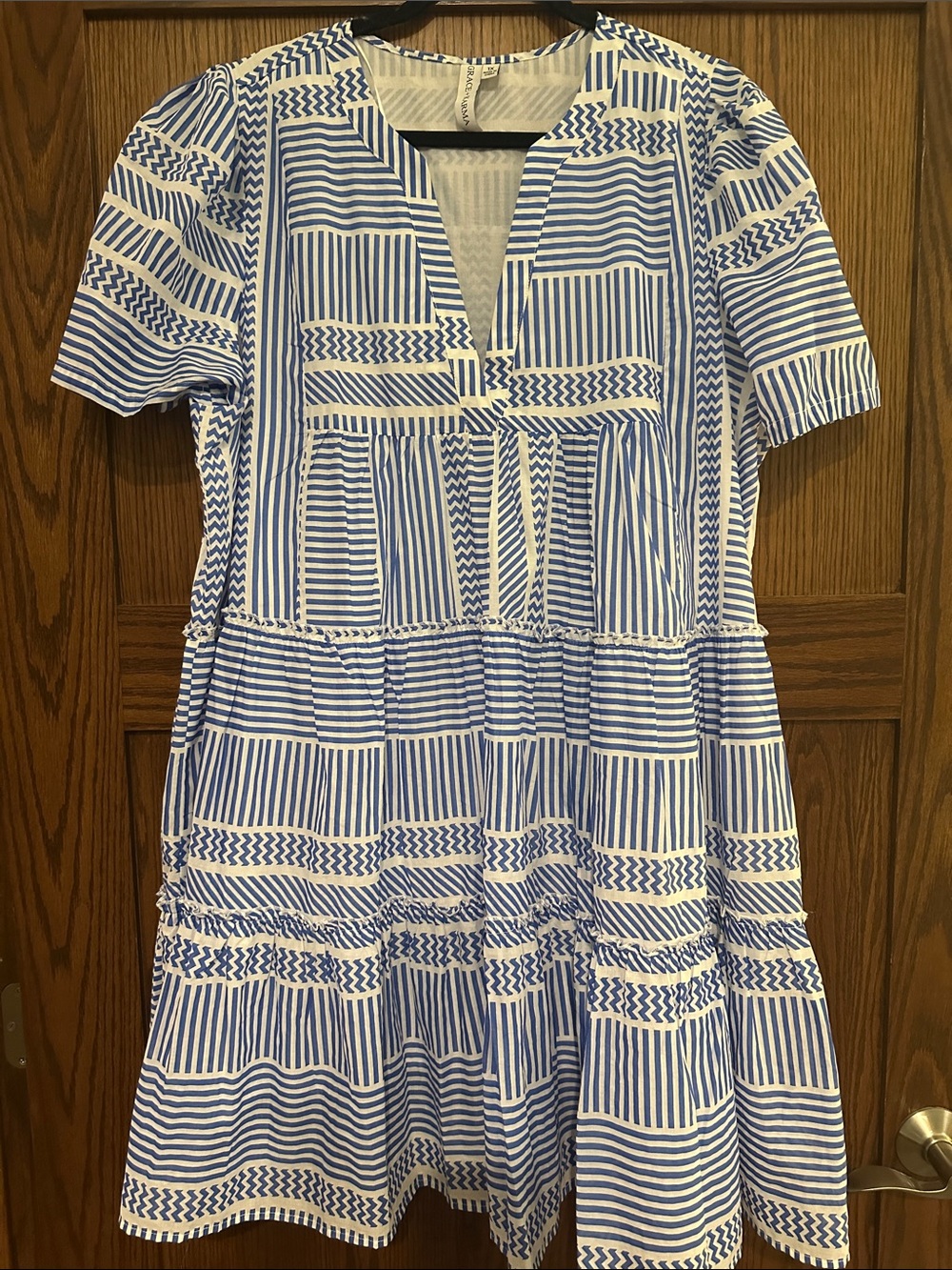 Ava & Viv Blue and White Striped Tiered V-Neck Dress
